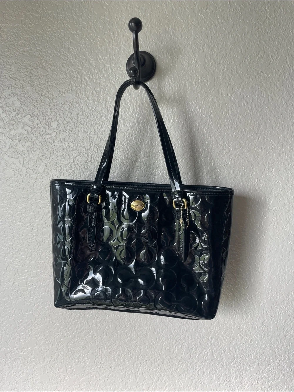 Coach Black Patent Signature Tote with Gold Hardware
